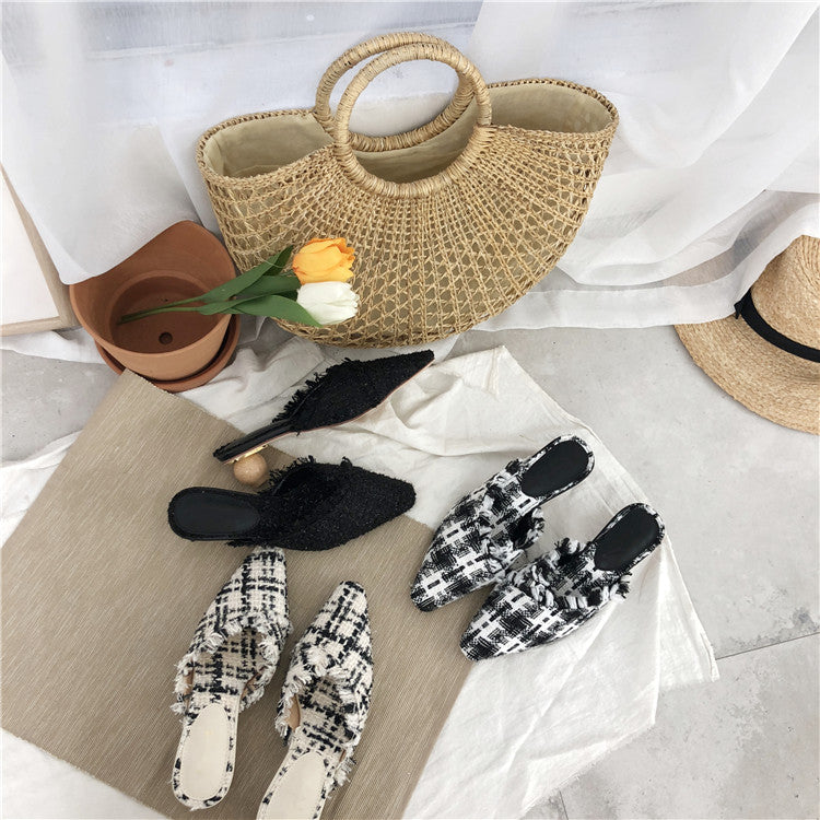 Dual Wooden Heels Tweed Slip Ons (PREORDER)