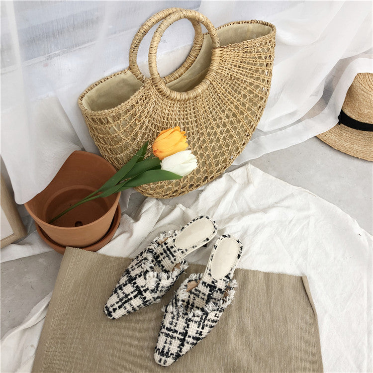 Dual Wooden Heels Tweed Slip Ons (PREORDER)