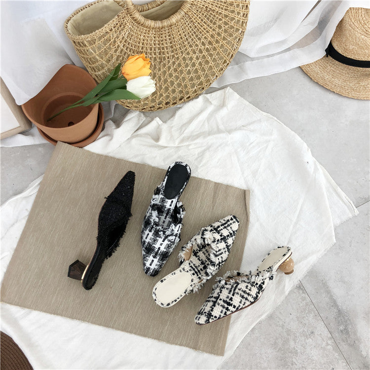 Dual Wooden Heels Tweed Slip Ons (PREORDER)