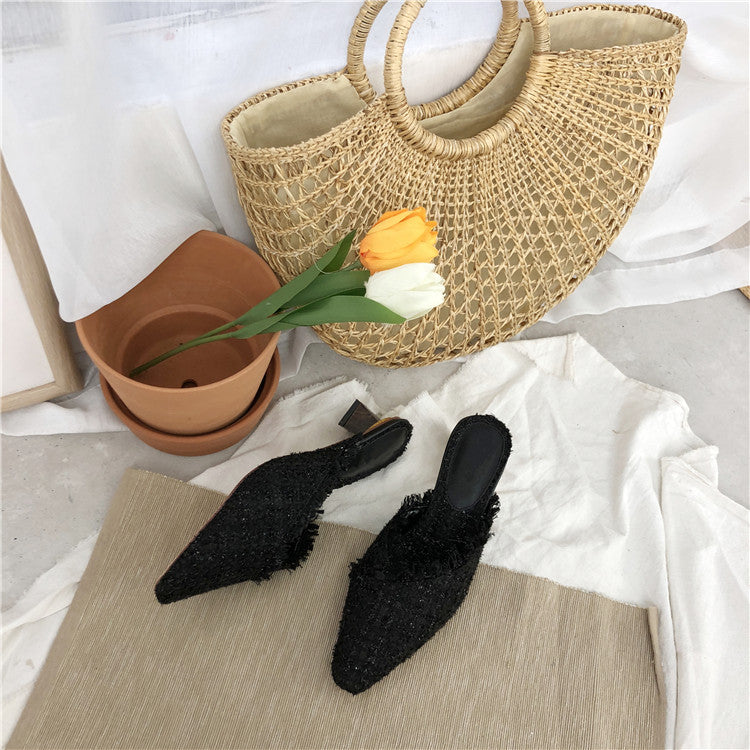 Dual Wooden Heels Tweed Slip Ons (PREORDER)