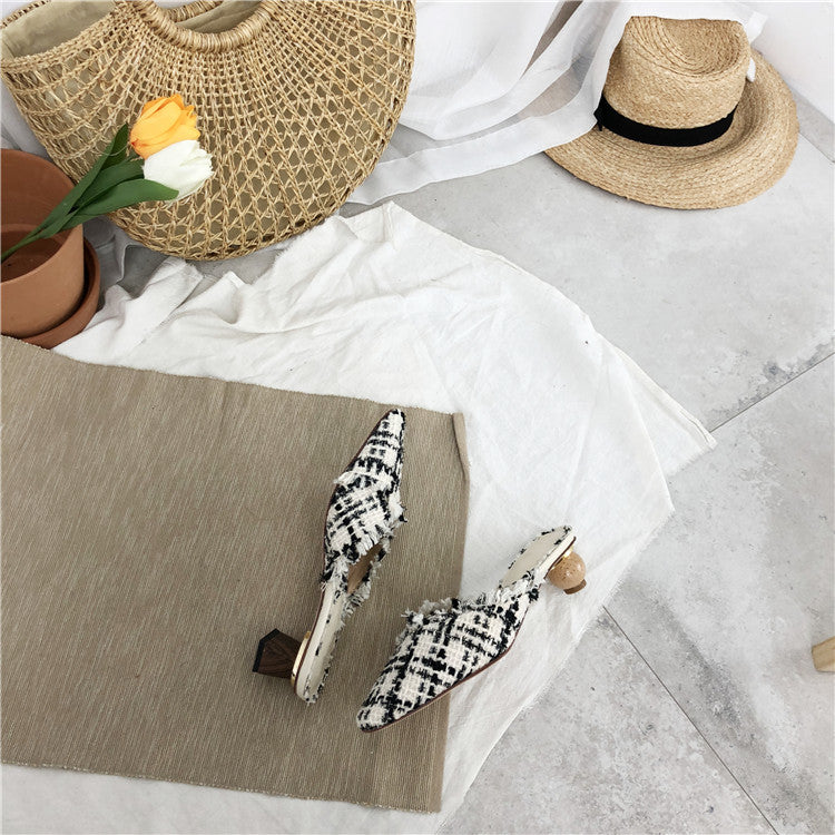 Dual Wooden Heels Tweed Slip Ons (PREORDER)