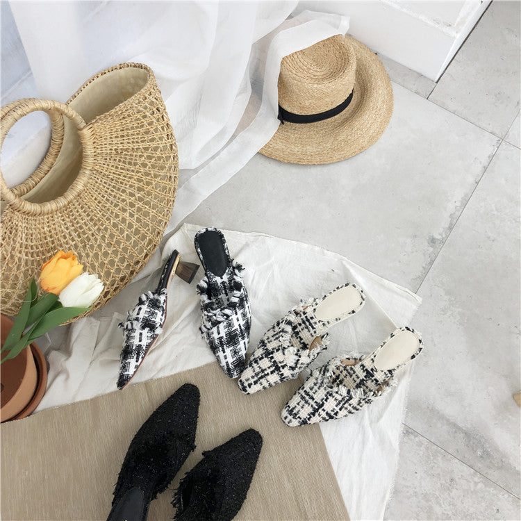 Dual Wooden Heels Tweed Slip Ons (PREORDER)
