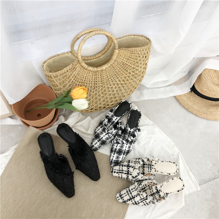 Dual Wooden Heels Tweed Slip Ons (PREORDER)